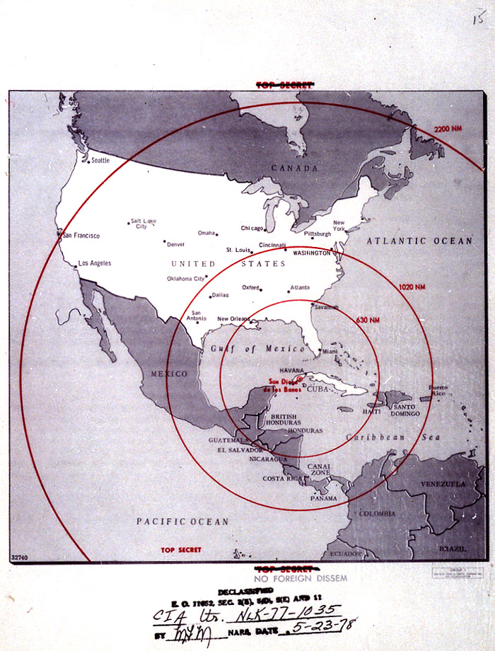 Map of the western hemisphere showing the full range of the nuclear missiles under construction in Cuba